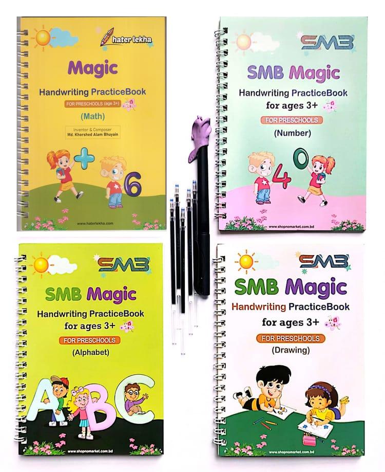 SMB Magic Handwriting PracticeBook – English (Number, Alphabet, Math, Drawing) 4pcs Set With Pen